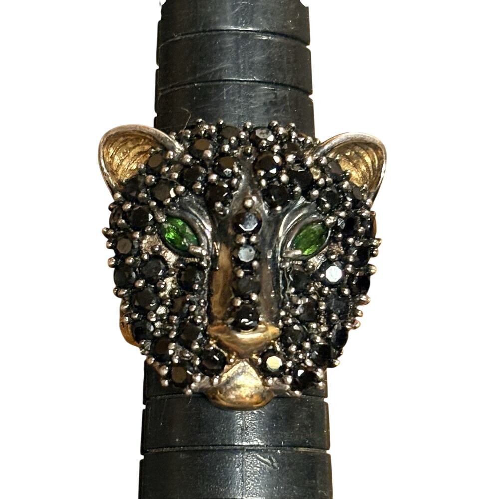 Gems En Vogue Ring 7.5 Sterling Silver 2 Tone Black Spinel/Emerald Eyes Panther
